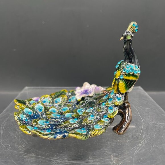 Enamel on Brass Colorful Peacock on Branch Trinket Dish Tray with Rhinestones - Picture 5 of 7